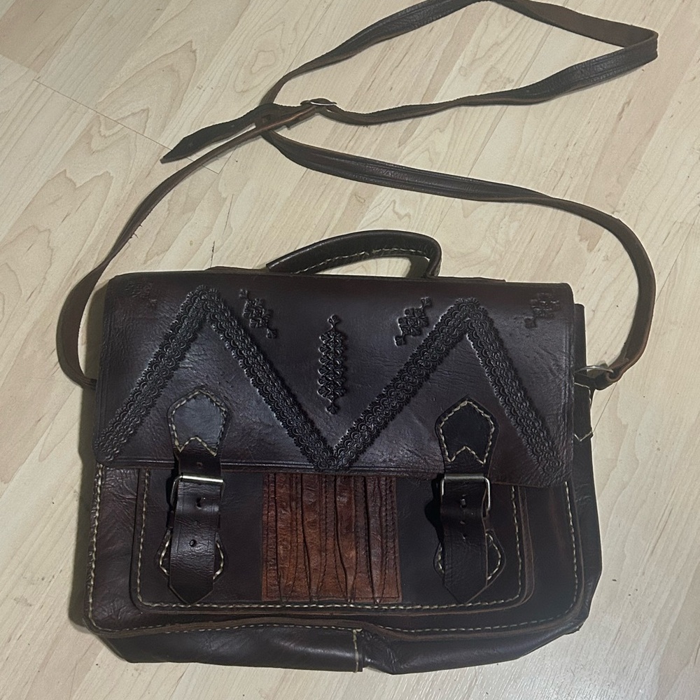 Handmade Embroidered Leather Laptop/Messenger Bag w/ Shoulder Strap